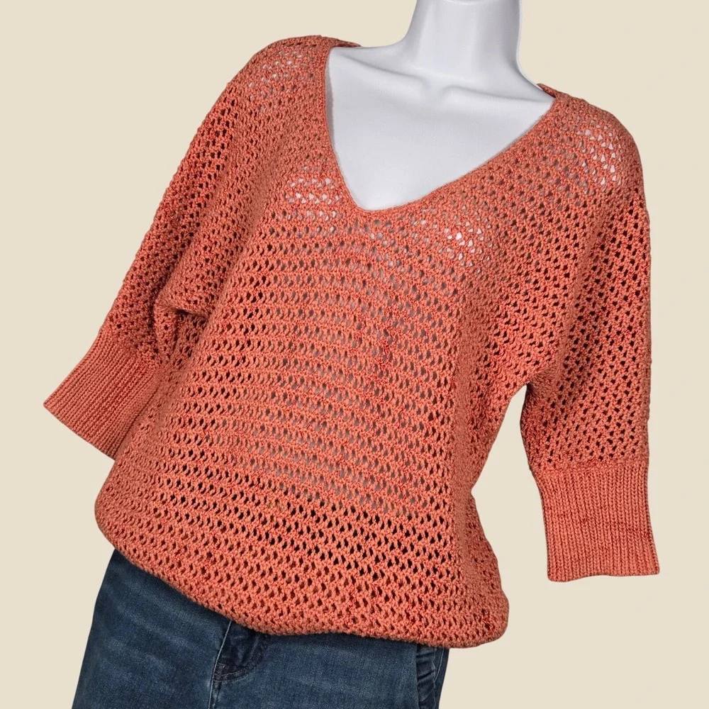 Sundance Women XS Crochet Open Knit V-Neck Sweater Tunic Coral Fisherman Chunky